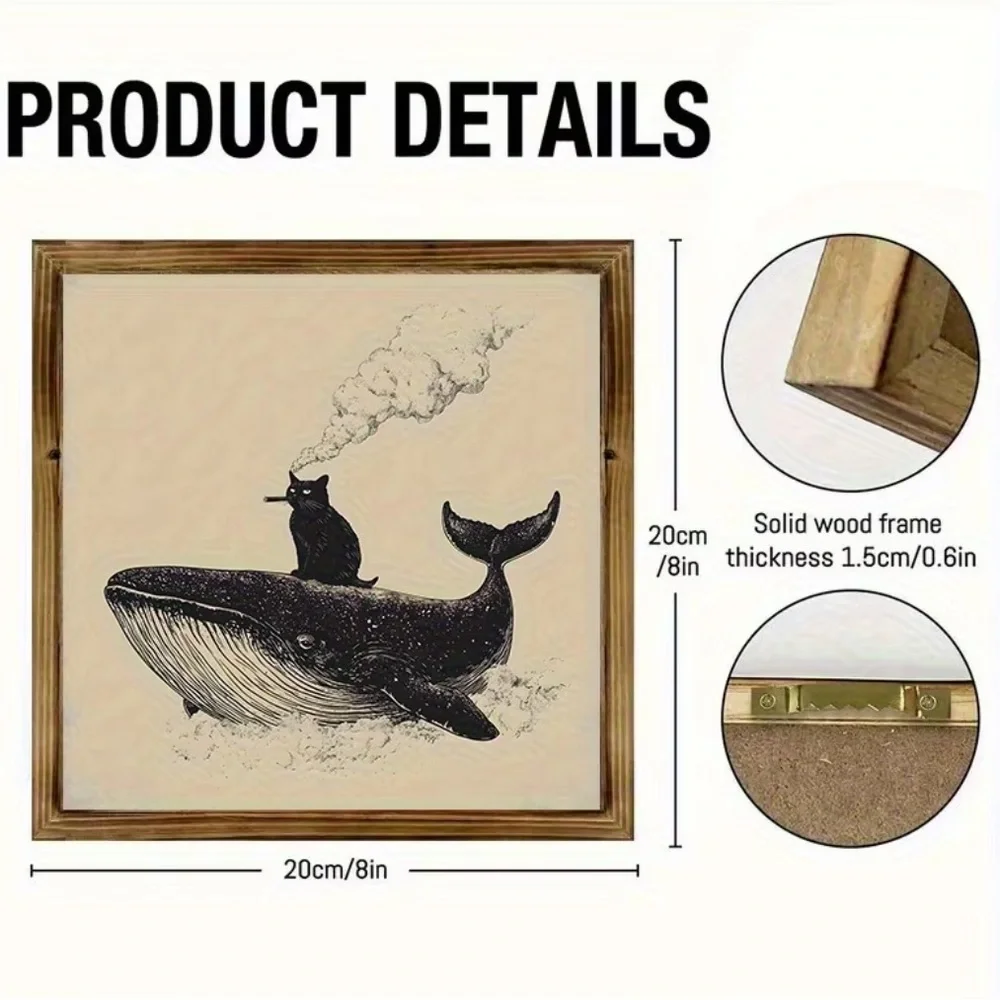Framed Cat Smoking on a Whale Wooden Art Wall Decor 8x8